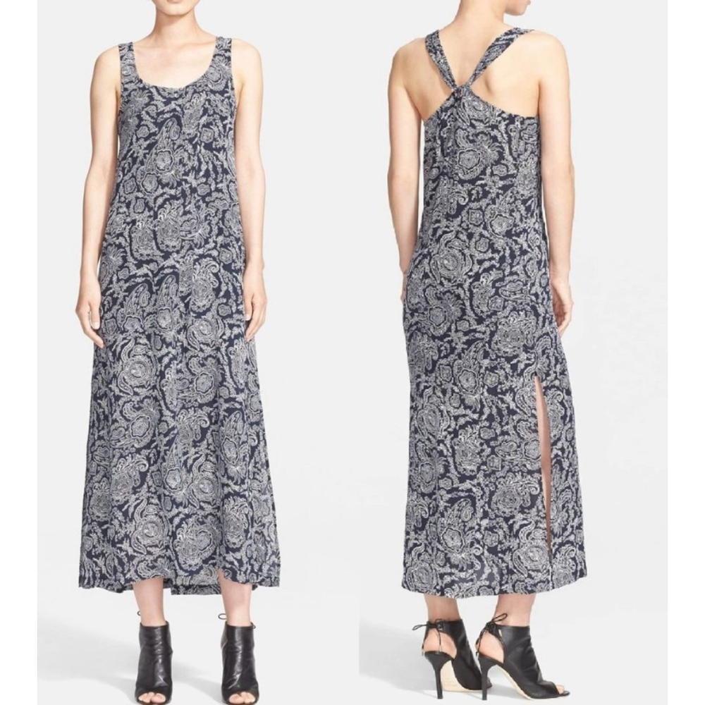 THEORY $415 Navy White Paisley Print Silk Georgette Maxi Dress S